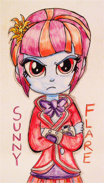 Size: 816x1426 | Tagged: safe, artist:blazingdazzlingdusk, derpibooru import, sunny flare, equestria girls, friendship games, angry, annoyed, clothes, crossed arms, crystal prep academy uniform, crystal prep shadowbolts, drawing, grumpy, looking at you, school uniform, solo, traditional art