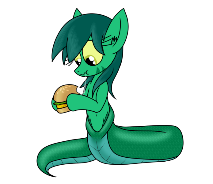 Size: 769x664 | Tagged: artist:spitfire740, belly button, burger, derpibooru import, drool, eating, female, food, lamia, oc, oc:kharma serpentia, original species, safe, sandwich, solo, unhappy, unofficial characters only