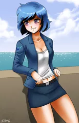 Size: 1500x2311 | Tagged: artist:johnjoseco, belly button, belt, belt buckle, cleavage, clothes, coat, derpibooru import, female, human, humanized, humanized oc, jacket, lunar republic, midriff, miniskirt, oc, ocean, oc:sentoki, safe, skirt, solo, thighs, unofficial characters only