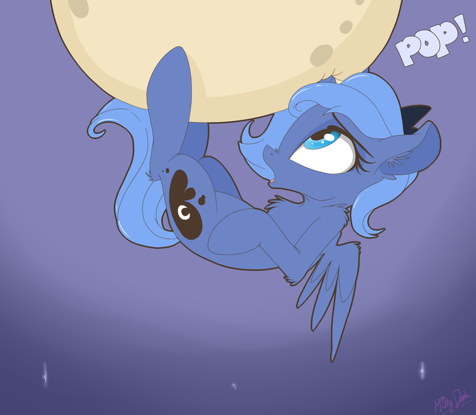 Size: 2843x2480 | Tagged: dead source, safe, artist:mistydash, derpibooru import, princess luna, alicorn, pony, cute, female, filly, horn impalement, lunabetes, moon, night, open mouth, solo, stars, stuck, tangible heavenly object, woona