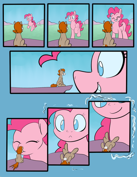 Size: 850x1100 | Tagged: safe, artist:goat train, deleted from derpibooru, derpibooru import, part of a set, pinkie pie, oc, oc:butter nut, earth pony, pony, comic, faint, female, growth, heart eyes, kissing, macro, mare, wingding eyes