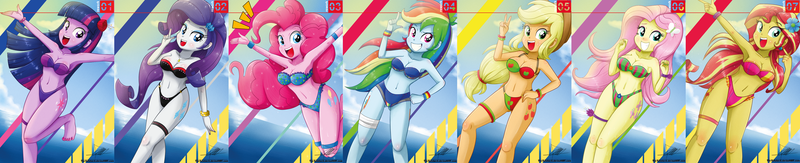 Size: 5173x1055 | Tagged: suggestive, artist:the-butch-x, derpibooru import, applejack, fluttershy, pinkie pie, rainbow dash, rarity, sunset shimmer, twilight sparkle, twilight sparkle (alicorn), alicorn, equestria girls, armpits, athletic tape, bandeau, bangles, barefoot, beach, beach babe, belly button, bicolor swimsuit, big grin, bikini, bikini babe, black swimsuit, blue swimsuit, blushing, bracelet, breasts, busty applejack, busty fluttershy, busty pinkie pie, busty rainbow dash, busty rarity, busty sunset shimmer, busty twilight sparkle, cleavage, clothes, cloud, compilation, cutie mark, cutie mark on equestria girl, ear piercing, earring, embarrassed, feet, female, fingernails, flower, flower in hair, frilled swimsuit, frilly, garter, garters, green swimsuit, grin, hand on hip, humane five, humane seven, humane six, jeweled swimsuit, jewelry, jumping, legs, lidded eyes, line-up, looking at you, nail polish, necklace, ocean, open mouth, piercing, pink swimsuit, polka dot swimsuit, pose, purple swimsuit, raribetes, red swimsuit, rose, sexy, shy, signature, smiling, solo, solo female, sparkles, string bikini, striped swimsuit, stupid sexy sunset shimmer, sunshine, sweatband, swimsuit, thighs, toenails, underass, water, wet, wet hair, wristband, x summer, x summer rework