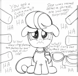 Size: 1248x1222 | Tagged: abuse, artist:pepsi twist, bullying, derpibooru import, floppy ears, monochrome, safe, silver spoon, sketch, solo, spoonabuse