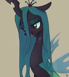 Size: 720x800 | Tagged: safe, artist:ehfa, derpibooru import, queen chrysalis, changeling, changeling queen, bedroom eyes, blushing, cute, cutealis, cute little fangs, fangs, female, lidded eyes, looking down, open mouth, solo, tan background