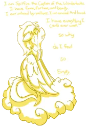 Size: 2647x3893 | Tagged: safe, artist:dracojayproduct, derpibooru import, spitfire, pegasus, pony, cloud, crying, depression, dialogue, female, floppy ears, goggles, hooves, mare, monochrome, on a cloud, sitting on cloud, solo, wings