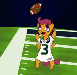 Size: 642x620 | Tagged: american football, artist:magello, color, derpibooru import, football jersey, football stadium, nfl, safe, scootaloo, seachicken, seahawks, seattle seahawks, solo