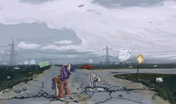 Size: 1276x755 | Tagged: artist:agm, bird, bon bon, clothes, derpibooru import, dinky hooves, pickup truck, post-apocalyptic, power line, puddle, road, safe, satellite dish, scenery, sweater, sweetie drops, truck