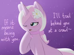 Size: 800x600 | Tagged: safe, artist:lamia, derpibooru import, oc, oc:lamia, unofficial characters only, pony, unicorn, blushing, choker, collar, dialogue, female, flower, flower in hair, lidded eyes, mare, night, open mouth, sitting, smiling, solo, stars, wink