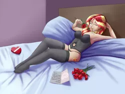 Size: 1600x1200 | Tagged: suggestive, artist:jay156, derpibooru import, flash sentry, sunset shimmer, human, armpits, bed, belly button, black underwear, clothes, corset, female, flashimmer, flower, holiday, humanized, humans doing horse things, implied flash sentry, implied flashimmer, lingerie, navel cutout, on back, on bed, panties, seductive pose, sexy, shipping, socks, solo, solo female, stockings, straight, stupid sexy sunset shimmer, sunset wants her old digestive system back, thigh highs, thong, underwear, valentine's day, wide hips