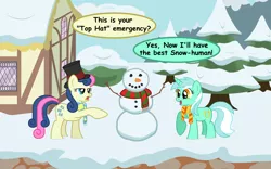 Size: 1920x1200 | Tagged: artist:thejourneysend, bon bon, bon bon is not amused, comic sans, derpibooru import, hat, lyra heartstrings, safe, snow, snowman, sweetie drops, top hat, winter