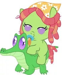 Size: 836x967 | Tagged: safe, artist:red4567, derpibooru import, gummy, tree hugger, pony, baby, baby pony, cute, huggerbetes, pacifier, ponies riding gators, riding
