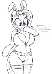 Size: 2493x3529 | Tagged: adorasexy, anthro, arm hooves, artist:an-tonio, breasts, bunny ears, busty fluttershy, cleavage, clothes, costume, cute, dangerous mission outfit, derpibooru import, female, fluttershy, goggles, hoodie, monochrome, plump, sexy, shyabetes, solo, solo female, suggestive, traditional art