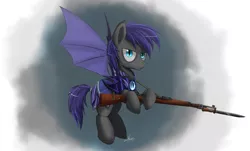 Size: 2000x1209 | Tagged: source needed, safe, artist:ncmares, derpibooru import, oc, oc:au hasard, unofficial characters only, bat pony, pony, armor, bayonet, flying, gun, kar98k, looking at you, mauser, night guard, rifle, royal guard, slit eyes, solo, weapon