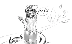 Size: 1980x1200 | Tagged: anthro, artist:rednorth, clothes, derpibooru import, female, fractal background, headphones, jeans, looking at you, mare, monochrome, music, music notes, oc, oc:red-north, pants, phone, piercing, safe, shirt, smiling, solo, unofficial characters only
