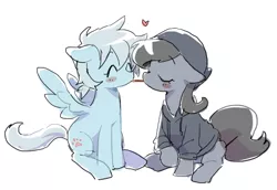 Size: 517x355 | Tagged: dead source, safe, artist:baekgup, derpibooru import, oc, oc:sunny daze, unofficial characters only, pony, blushing, duo, food, heart, pocky, pocky game