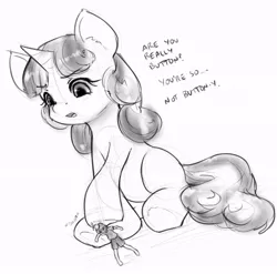 Size: 737x727 | Tagged: artist:alloyrabbit, button mash, derpibooru import, dialogue, human, humanized, micro, monochrome, pushing, safe, sitting, sketch, sweetie belle