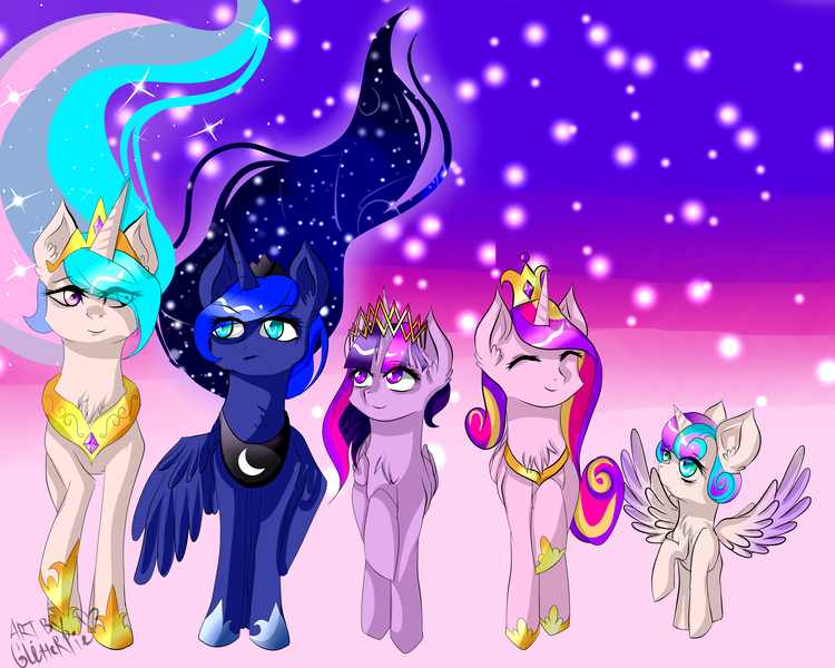 Size: 3542x2834 | Tagged: safe, artist:glittypie, derpibooru import, princess cadance, princess celestia, princess flurry heart, princess luna, twilight sparkle, twilight sparkle (alicorn), alicorn, pony, spoiler:s06, alicorn pentarchy, female, mare