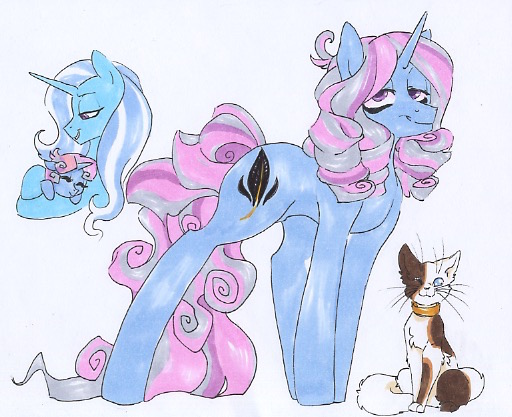 Size: 512x417 | Tagged: safe, artist:frozensoulpony, derpibooru import, trixie, oc, oc:somber soliloquy, cat, pony, unicorn, colt, female, male, mare, mother and son, offspring, parent:trixie, parent:unnamed oc, parents:canon x oc