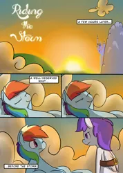 Size: 940x1318 | Tagged: artist:martinhello, belt, cloud, comic, comic:riding the storm, derpibooru import, nap, oc, oc:icarus, rainbow dash, safe, sunset