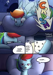 Size: 940x1330 | Tagged: artist:martinhello, comic, comic:riding the storm, derpibooru import, drunker dash, flying under influence, flying while under the influence, night, pillow, rainbow crash, rainbow dash, rainbow dash's house, safe