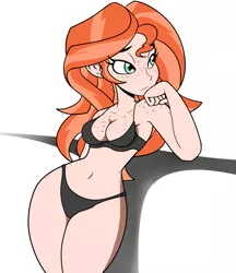 Size: 1039x1200 | Tagged: suggestive, artist:reiduran, derpibooru import, edit, edited edit, sunset shimmer, human, equestria girls, armpits, bedroom eyes, belly button, black underwear, boob freckles, bra, breasts, busty sunset shimmer, cleavage, clothes, female, freckles, ginger, human coloration, humanized, natural hair color, panties, redhead, solo, solo female, sunset ginger, underwear, wide hips