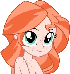 Size: 1340x1400 | Tagged: suggestive, derpibooru import, edit, sunset shimmer, equestria girls, bare shoulder portrait, cute, freckles, ginger, human coloration, implied nudity, redhead, shimmerbetes, show accurate, simple background, solo, sunset ginger, topless, transparent background, vector