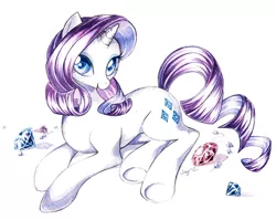 Size: 1258x1000 | Tagged: safe, artist:jiayi, derpibooru import, rarity, pony, unicorn, diamond, female, gem, jewel, jewelry, looking at you, lying down, mare, necklace, pearl, pearl necklace, simple background, solo, traditional art