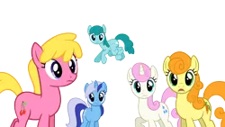 Size: 4000x2249 | Tagged: safe, artist:likonan, derpibooru import, carrot top, cherry berry, golden harvest, minuette, spring melody, sprinkle medley, twinkleshine, earth pony, pegasus, pony, unicorn, dragonshy, season 1, background pony, looking at you, simple background, surprised, transparent background, vector