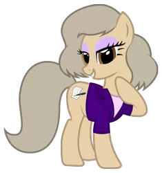 Size: 954x1013 | Tagged: safe, artist:1992zepeda, derpibooru import, oc, oc:hellen lockheart, ponified, unofficial characters only, pony, clothes, eyeshadow, grey hair, looking at you, makeup, shirt, smiling, solo, suit