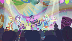 Size: 718x404 | Tagged: safe, derpibooru import, screencap, applejack, captain planet, cherry crash, curly winds, fluttershy, microchips, mystery mint, paisley, pinkie pie, rainbow dash, rarity, scribble dee, some blue guy, starlight, teddy t. touchdown, tennis match, thunderbass, twilight sparkle, twilight sparkle (alicorn), valhallen, alicorn, equestria girls, rainbow rocks, shake your tail, animated, background human, ponied up, the rainbooms