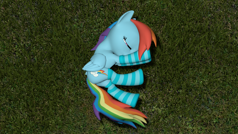 Size: 1920x1080 | Tagged: safe, artist:yellencandy, derpibooru import, rainbow dash, 3d, clothes, cute, dashabetes, grass, side, sleeping, socks, solo, source filmmaker, striped socks