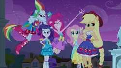 Size: 1280x720 | Tagged: safe, derpibooru import, screencap, applejack, fluttershy, pinkie pie, rainbow dash, rarity, equestria girls, armpits, balloon, boots, bracelet, derp, fall formal outfits, great moments in animation, hat, high heel boots, impossibly long arms, jewelry, ponied up, top hat