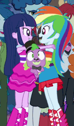 Size: 350x600 | Tagged: safe, derpibooru import, screencap, bright idea, captain planet, cloudy kicks, curly winds, golden hazel, microchips, mystery mint, nolan north, rainbow dash, scribble dee, sophisticata, spike, thunderbass, twilight sparkle, twilight sparkle (alicorn), dog, equestria girls, equestria girls (movie), animated, boobs squeezing body, boots, cropped, cute, dashabetes, excited, fall formal outfits, high heel boots, hug, spike the dog, twiabetes, twilight ball dress