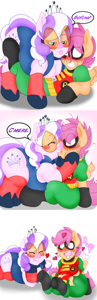 Size: 2205x6779 | Tagged: suggestive, artist:blackbewhite2k7, derpibooru import, diamond tiara, scootaloo, batman, blushing, chubby diamond, comic, crossover, dialogue, eyes closed, fat, female, heart, kissing, lesbian, licking, licking lips, lovestuck, pig nose, robin, scootiara, shipping, sitting, the capitalist piglette, tongue out, weight gain