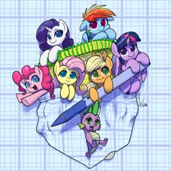 Size: 1200x1200 | Tagged: safe, artist:valcron, derpibooru import, applejack, fluttershy, pinkie pie, rainbow dash, rarity, spike, twilight sparkle, twilight sparkle (alicorn), alicorn, pony, colored pupils, cute, dashabetes, diapinkes, female, floppy ears, jackabetes, mane seven, mane six, mare, micro, pen, pocket, pocket pony, raribetes, shyabetes, tiny ponies, twiabetes