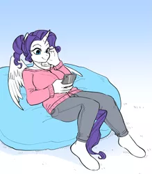 Size: 1939x2216 | Tagged: alicorn, alicornified, alternate hairstyle, anthro, artist:glacierclear, beanbag chair, clothes, commission, cute, derpibooru import, headphones, music player, race swap, raribetes, raricorn, rarity, safe, smiling, solo, sweater, unguligrade anthro