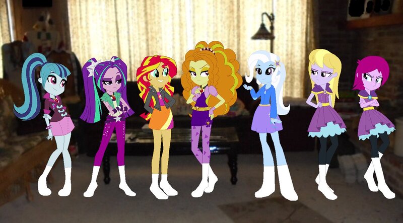 Size: 1201x665 | Tagged: safe, artist:eli-j-brony, derpibooru import, adagio dazzle, aria blaze, fuchsia blush, lavender lace, sonata dusk, sunset shimmer, trixie, equestria girls, rainbow rocks, clothes, equestria girls in real life, female, photo, socks, the dazzlings, trixie and the illusions