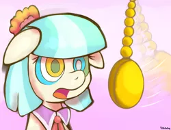 Size: 2100x1599 | Tagged: safe, artist:chirimiru, derpibooru import, coco pommel, earth pony, pony, cute, female, floppy ears, hypnosis, hypnotized, kaa eyes, mare, open mouth, pendulum swing, solo, watch