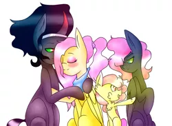 Size: 1024x748 | Tagged: safe, artist:tai-chaan, derpibooru import, fluttershy, king sombra, oc, oc:cherry blossom, oc:jewel, family, female, male, offspring, parent:fluttershy, parent:king sombra, parents:sombrashy, portrait, shipping, sombrashy, straight