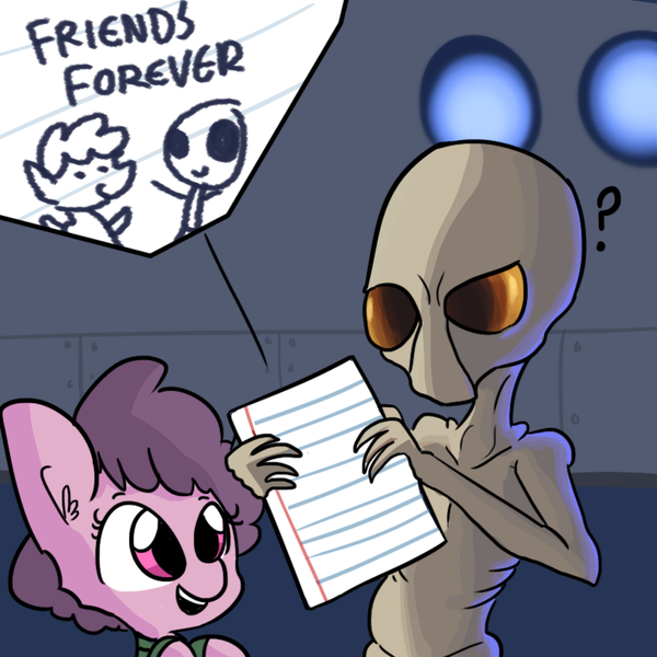 Size: 792x792 | Tagged: safe, artist:tjpones, derpibooru import, oc, alien, pony, confused, crossover, cute, drawing, open mouth, paper, question mark, raised eyebrow, sectoid, smiling, stick figure, x-com