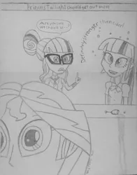 Size: 585x747 | Tagged: safe, artist:sunnyblam, derpibooru import, sci-twi, sunset shimmer, twilight sparkle, equestria girls, drunk, drunk twilight, monochrome, selfie, snapchat, traditional art, twolight, wine glass