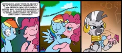 Size: 1000x438 | Tagged: safe, artist:madmax, derpibooru import, edit, pinkie pie, rainbow dash, zecora, zebra, blushing, comic, dialogue, female, kissing, lesbian, now kiss, pinkiedash, sexual proxy voodoo, shipper on deck, shipping, spanish, translation, voodoo, voodoo doll, vulgar