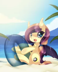 Size: 600x752 | Tagged: safe, artist:loyaldis, derpibooru import, oc, oc:lunar lily, unofficial characters only, bat pony, beach, cute, fangs, inner tube, looking at you, open mouth, sitting, smiling, solo, spread wings, wet