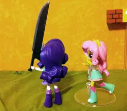 Size: 885x776 | Tagged: safe, artist:zharkaer, derpibooru import, fluttershy, rarity, equestria girls, clothes, doll, equestria girls minis, eqventures of the minis, figure, grasshopper, great knife, overkill, silent hill, skirt, sword, tanktop, toy, weapon