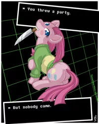 Size: 1000x1250 | Tagged: semi-grimdark, artist:texasuberalles, derpibooru import, pinkie pie, earth pony, pony, chara, clothes, crossover, dock, female, knife, looking at you, looking back, mare, mouth hold, solo, spoilers for another series, sweater, undertale, video game, weapon