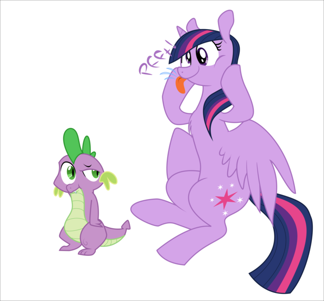 Size: 3746x3483 | Tagged: safe, artist:eagle1division, artist:miss-cats, derpibooru import, spike, twilight sparkle, twilight sparkle (alicorn), alicorn, dragon, pony, :p, chest fluff, deadpan, glare, onomatopoeia, pfft, raspberry, raspberry noise, silly, silly face, silly pony, simple background, sitting, text, tongue out, transparent background, vector