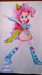 Size: 1024x1821 | Tagged: safe, artist:zafiro-black-hunter, derpibooru import, pinkie pie, equestria girls, boots, clothes, cute, skirt, solo, traditional art, watermark, wondercolts