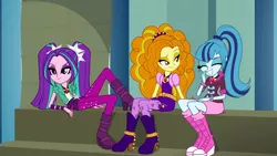 Size: 1920x1080 | Tagged: safe, derpibooru import, screencap, adagio dazzle, aria blaze, sonata dusk, equestria girls, rainbow rocks, laughing, raised eyebrow, sitting, the dazzlings