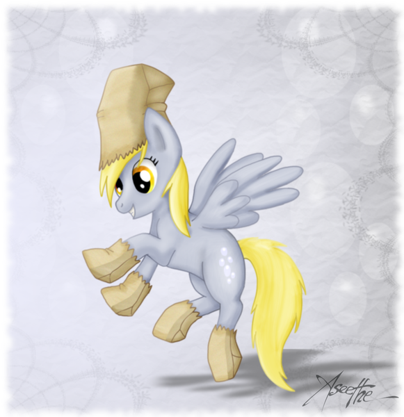 Size: 809x835 | Tagged: safe, artist:aseethe, derpibooru import, derpy hooves, pegasus, pony, female, mare, paper bag, paper bag wizard, solo