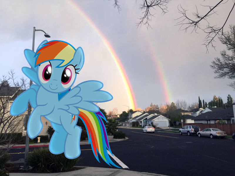 Size: 3264x2448 | Tagged: safe, artist:greenmachine987, derpibooru import, rainbow dash, car, cute, dashabetes, double rainbow, floating, happy, houses, irl, photo, ponies in real life, rainbow, smiling, solo, street, streetlight, triple rainbow, vector